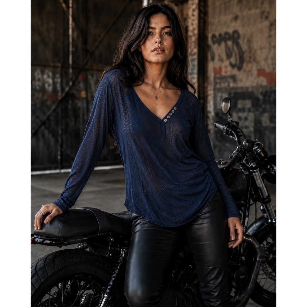 Rock & Republic Womens Navy Blue Burnout Long Sleeve Henley V-Neck Top Large